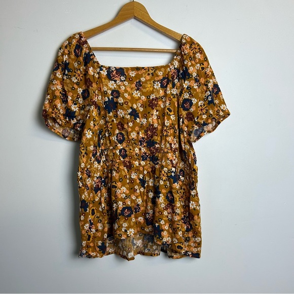 Sonoma Floral Blouse Top Brown Gold Puff Sleeve Size 0X Summer Natural Lightweig - Picture 2 of 10